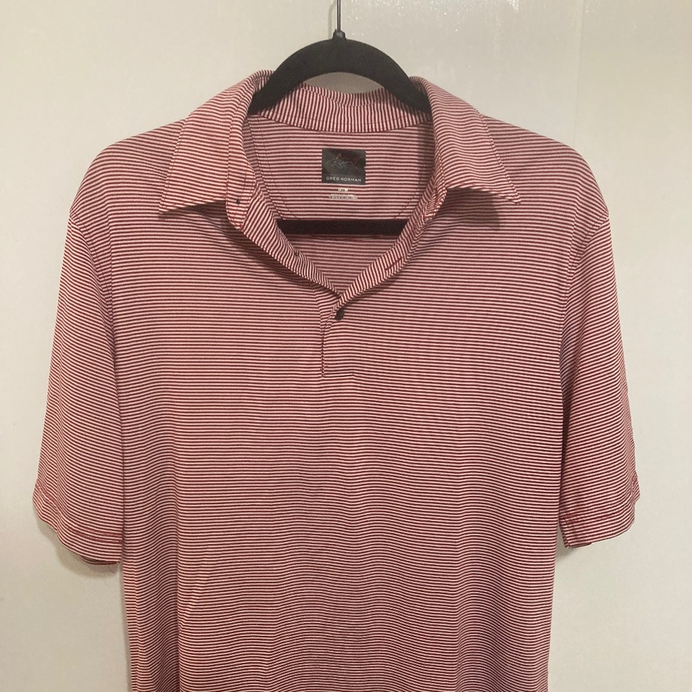 Greg Norman red and white stripes active polo
